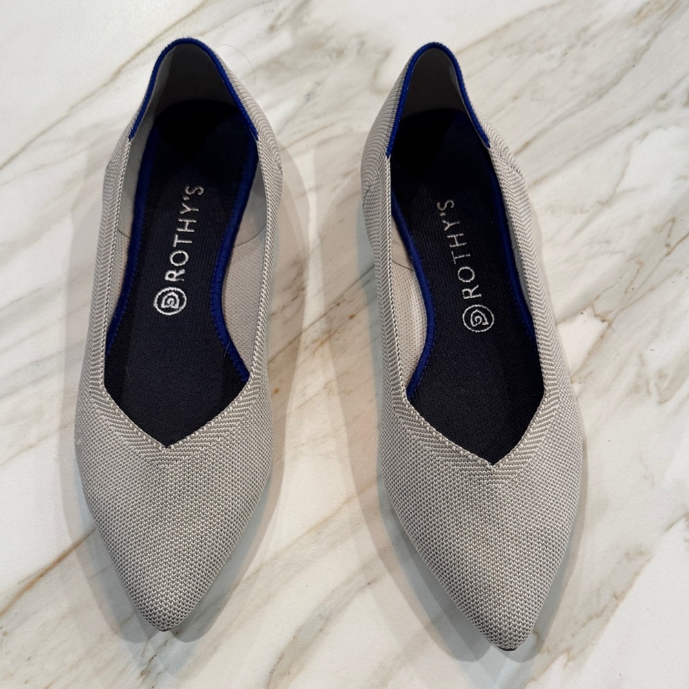 Rothy's Grey Pointed Knit Flats with Blue Trim